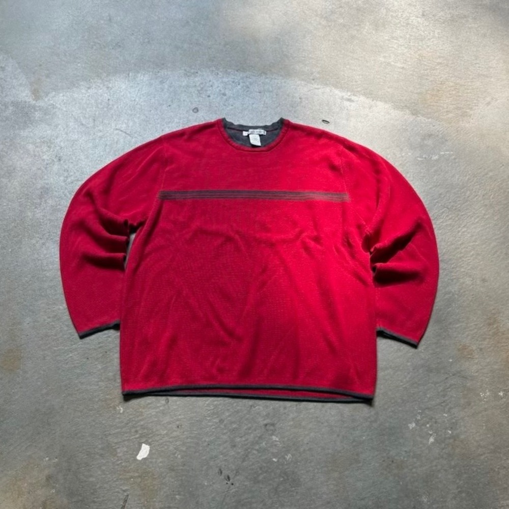 Geoffrey Beene Mens Red Knit Crewneck Sweater Grey Trim Stripe Large